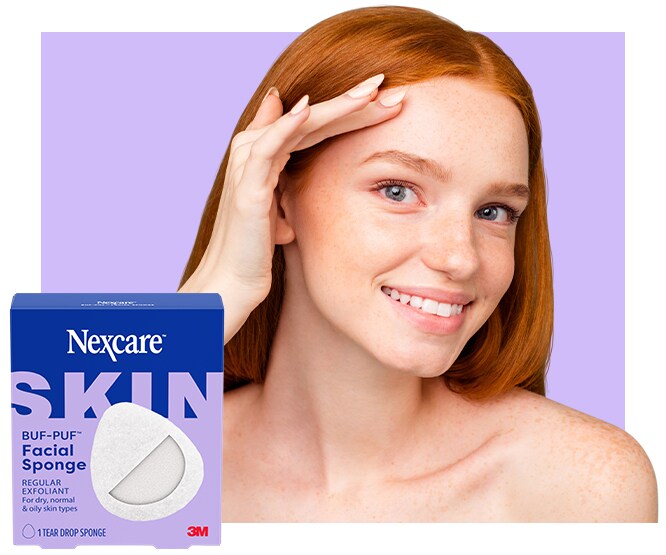 Nexcare BUF-PUF Regular Exfoliant Facial Sponge for dry normal and oily skin types with smiling woman touching her face
