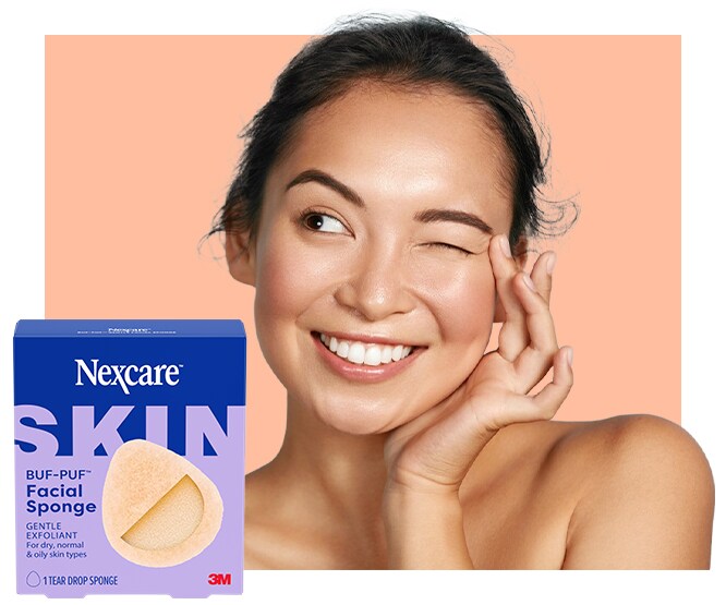 Nexcare BUF-PUF Gentle Exfoliant Facial Sponge for dry normal and oily skin with smiling woman touching her face
