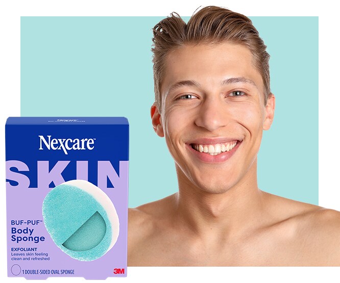 Nexcare BUF-PUF Body Sponge exfoliating double-sided oval sponge for clean refreshed skin with smiling man
